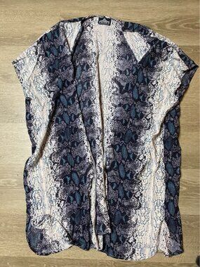 Angie Snake Print Beach Cover-Up – Size Large, Cream, Dark Turquoise & Navy Blue